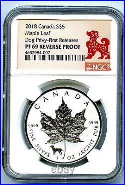 2018 $5 Canada 1 Oz Silver Maple Leaf Dog Privy Ngc Pf69 Fr Reverse Proof