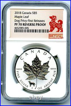2018 $5 Canada 1 Oz Silver Maple Leaf Dog Privy Ngc Pf70 Fr Reverse Proof
