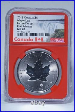 2018 CANADA. 9999 Silver Maple Leaf $5 Coin, Incuse Design, 1st Release NGC MS70