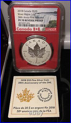 2018 CANADA S$20 SILVER MAPLE LEAF PF 70 REVERSE PROOF 30th ANNIV red #2158