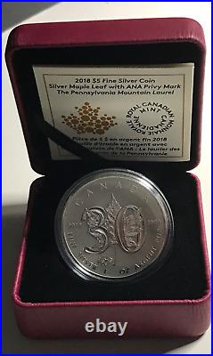 2018 Canada $5 Silver Maple Leaf with ANA Mountain Laurel Privy Mark withBox & COA