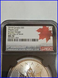 2018 Canada S$5 1 Oz. 9999 Silver Maple Leaf Incuse Design First Day Issue Ms70