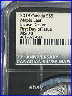 2018 Canada S$5 Maple Leaf Incuse Design First Day Issue 30th Anniversary Ms70