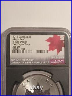 2018 Canada S$5 Maple Leaf Incuse Design First Day Issue 30th Anniversary Ms70