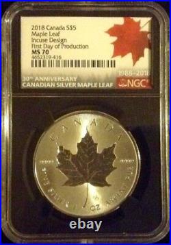 2018 Silver Canada Maple Leaf Incuse MS70 30th Anniv FDOP QUEEN ELIZABETH II