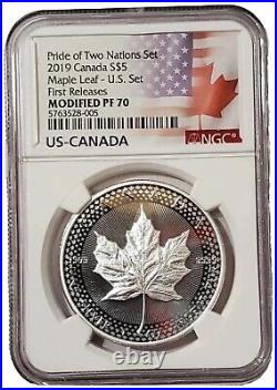 2019 1 Oz Silver $5 Canada PRIDE OF 2 NATIONS Set MAPLE LEAF NGC PF70 FR Coin