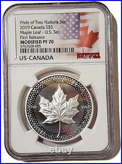 2019 1 Oz Silver $5 Canada PRIDE OF 2 NATIONS Set MAPLE LEAF NGC PF70 FR Coin