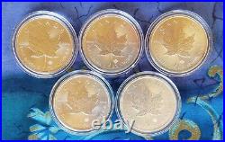 2019 1 Oz Silver Coins, Canada Maple Leaf. 9999, Lot Of 5