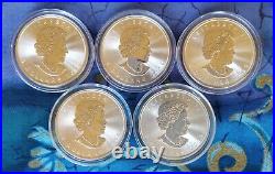 2019 1 Oz Silver Coins, Canada Maple Leaf. 9999, Lot Of 5