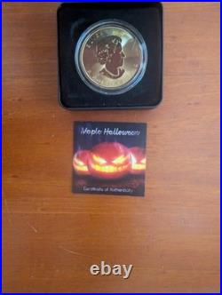 2019 $5 1oz SILVER CANADIAN MAPLE LEAF HALLOWEEN 24kt GOLD GILDED COLOURED COIN