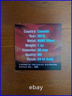 2019 $5 1oz SILVER CANADIAN MAPLE LEAF HALLOWEEN 24kt GOLD GILDED COLOURED COIN