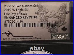 2019 PRIDE OF TWO NATIONS COIN SET U. S. AND CANADA 1oz SILVER NGC PF70. SIGNED