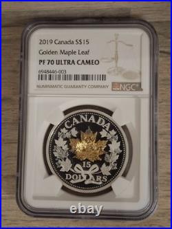 2019 S$15 Fine Silver Coin 1oz Golden Maple Leaf One ounces PF 70 UC Top Pop