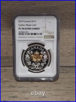 2019 S$15 Fine Silver Coin 1oz Golden Maple Leaf One ounces PF 70 UC Top Pop