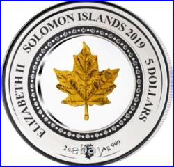 2019 Solomon Islands $5 Gold Maple Leaf 2 Oz Silver Coin With 0.2g Gold Leaf