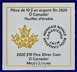 2020 $10 Fine Siver Coin O Canadian Maple Leaf with Box & COA
