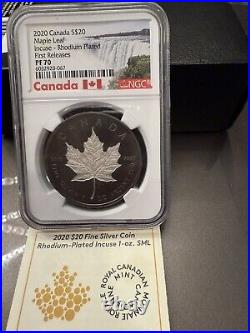 2020 Canada $20 1Oz Silver Maple Leaf Incuse Rhodium Plated NGC PF70 FR + COA