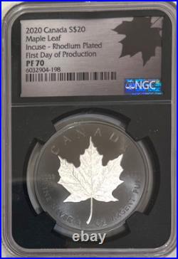 2020 Canada $20 MAPLE LEAF Rhodium-Platinum NGC PF70 FIRST DAY OF PRODUCTION