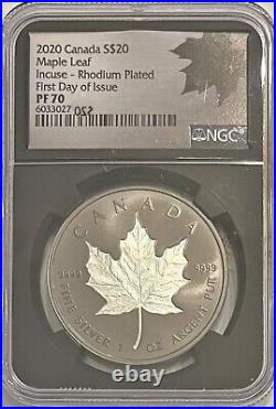 2020 Canada S $20 MAPLE LEAF INCUSE-RHODIUM PLATED PF70 FDOI