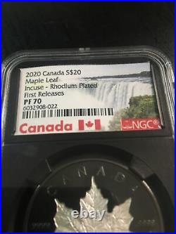2020 Incuse Maple Leaf Silver 1oz Coin with Rhodium FR PF70 NGC Canadian #1428
