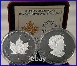 2020 Silver Maple Leaf Double-Incuse Rhodium-Plated $20 1OZ Silver Coin Canada