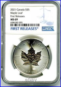 2021 $5 Canada 1 Oz Silver Maple Leaf Ngc Ms69 Rare First Releases Blue Label