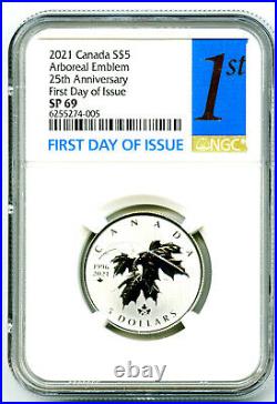 2021 $5 Canada Silver Ngc Sp69 Maple Leaf Aboreal Emblem First Day Of Issue Rare