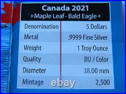 2021 5 Dollars Canada 1oz Silver. 999 Maple Leaf Bald Eagle