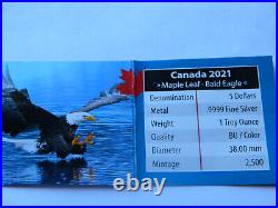 2021 5 Dollars Canada 1oz Silver. 999 Maple Leaf Bald Eagle