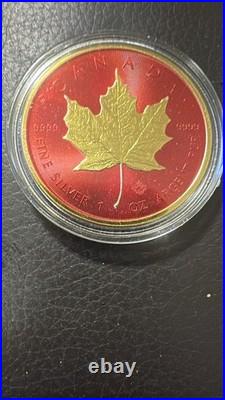 2021 CYBER RED 1 oz Canadian Maple Leaf Fine Silver and 24kt Gold Coin (rare)