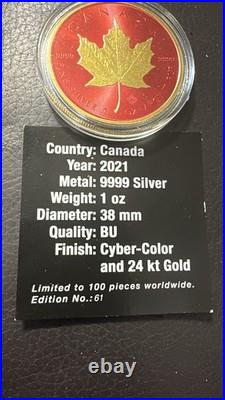 2021 CYBER RED 1 oz Canadian Maple Leaf Fine Silver and 24kt Gold Coin (rare)
