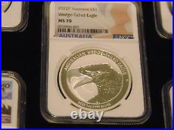 2022 American Silver Eagle, Panda, Maple Leaf, Wedge Tailed Eagle, Kruggerand MS70