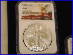 2022 American Silver Eagle, Panda, Maple Leaf, Wedge Tailed Eagle, Kruggerand MS70