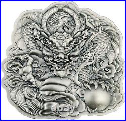 2022 Fiji Chinese Dragon Shaped Hi-Relief Antique Finish 2 oz 999 Silver Coin