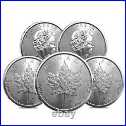 2022 Lot of 5 Canadian Silver Maple Leaf Coins Each is 1 Troy Oz. 9999 Silver