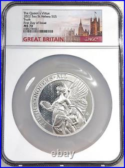 2022 St. Helena UK 5PND 5 Oz Silver QUEEN'S VIRTUE TRUTH NGC MS70 FDOI