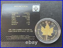 2023 1 Oz 9999 Silver Canada Maple Leaf Gold & Black Platinum Gilded Mintage 500