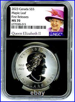 2023 $5 Canada 1 Oz. 9999 Silver Maple Leaf Ngc Ms70 Queen Elizabeth Fr Black