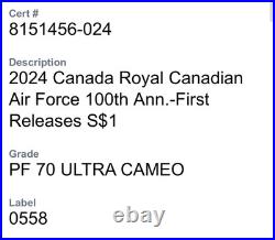 2024 $1 Canada Silver Dollar Proof Ngc Pf70 Maple Leaf Air Force First Releases