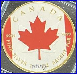 2024 1 Oz. 999 Silver Canadian Flag Maple Leaf $5 Coin Canada Color & 24K Gold