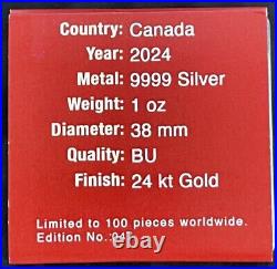 2024 1 Oz. 999 Silver Canadian Flag Maple Leaf $5 Coin Canada Color & 24K Gold