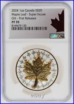 2024 Canada Super Incuse Maple Leaf 1 Oz Silver Gilt NGC PF70 $20 Coin JP697