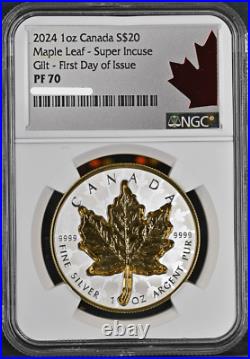 2024 Canada Super Incuse Maple Leaf 1 oz Silver Gilded Coin NGC PF 70