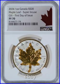2024 Super Incuse Canadian Silver Maple Leaf Gilt 1 oz. 9999 NGC PF 70 USM