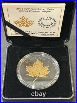 2025 1 Oz. 9999 Silver Canada $20 Gilded Elegant Maple Leaf Black & Gold Coin