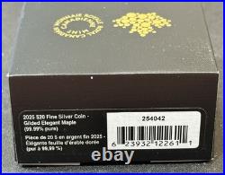 2025 1 Oz. 9999 Silver Canada $20 Gilded Elegant Maple Leaf Black & Gold Coin