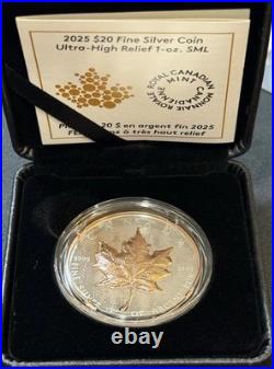 2025 1 Oz. 9999 Silver Rose Gold Gilt Maple Leaf Ultra-High Relief Beautiful