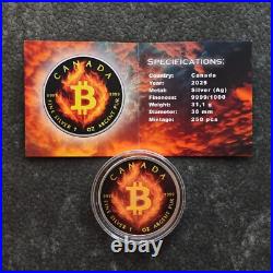 2025 1OZ Silver Canada Maple Leaf Burning Bitcoin Crypto Etui Certif ONLY 250pc