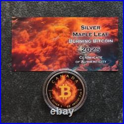 2025 1OZ Silver Canada Maple Leaf Burning Bitcoin Crypto Etui Certif ONLY 250pc