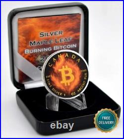 2025 1OZ Silver Silver Maple Leaf Burning Bitcoin Crypto Canada Canada NUR250ST2